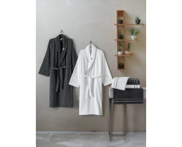 Cotton Box Masculine Aile Bornoz Seti Carlos Beyaz-Antrasit