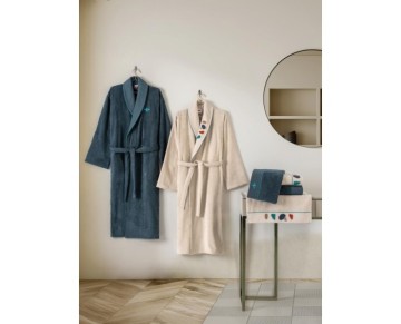 Cotton Box Puff Nakışlı Aile Bornoz Seti Gaja Bej-Petrol