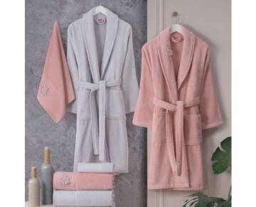 Hobby Line - Pamuklu Bornoz Seti - Pembe Gri