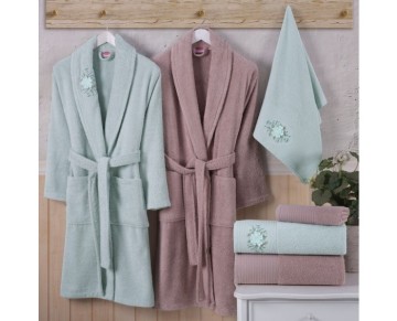 Hobby Line - Pamuklu Bornoz Seti - S. Yeşili K. Bej