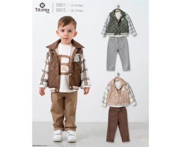 1/4 YAŞ-26611-26611 1/4YAŞ BURBERRY NAKIŞLI CEKET ÜÇLÜ TAKIM