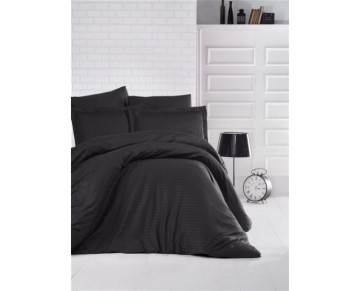 Clasy Çizgili Siyah Saten Çift Kişilik Nevresim Takımı