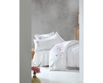 Cotton Box 3D Nakışlı Çift Kişilik Saten Nevresim Takımı Perla Beyaz