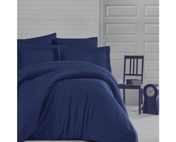 Clasy Çizgili Saten Çift Kişilik Nevresim Takımı - Lacivert