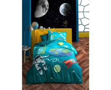 Cotton Box Genç Ranforce Nevresim Takımı Tek Kişilik Little Astronaut Turkuaz