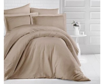 Clasy Çizgili Saten Nevresim Takımı Çift Kişilik Açık Kahve