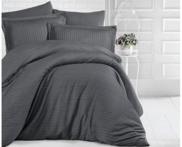 Clasy Çizgili Saten Nevresim Takımı Çift Kişilik Füme