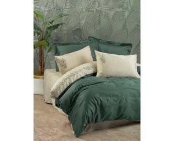 Cotton Box Brode Nakışlı Çift Kişilik Saten Nevresim Takımı Andy Yeşil