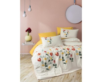 Cotton Box Puff Nakışlı Ranforce Çift Kişilik Nevresim Takımı Nella Hardal