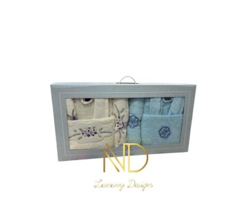 Nevresim Dünyası Nakışlı Bornoz Seti Açık Mavi Krem