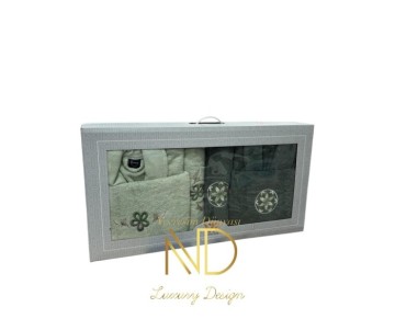 Nevresim Dünyası Nakışlı Bornoz Seti Koyu Yeşil Açık Yeşil