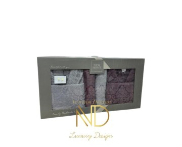 Nevresim Dünyası Jakarlı Bornoz Seti Mürdüm Gri