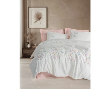 Cotton Box 3D Nakışlı Çift Kişilik Saten Nevresim Takımı Liva Pudra