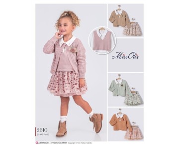 2/5 yaş 2610-Yakalı tunik süeter hırka triko takım desenli etek