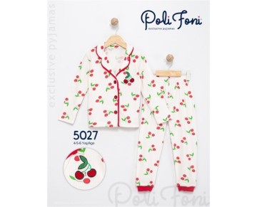 4/6 yaş 5027-KİRAZLI SÜZENELİ YAKALI PİJAMA TAKIM