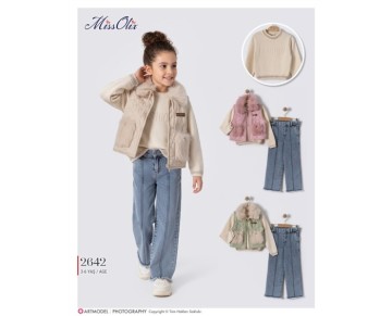 3/6 YAŞ-2642-peluş yelek-triko kazak-kot pantalon