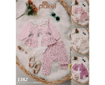 3/12 AY -1382-ÇİÇEK NAKIŞLI WAFFLE ÜÇLÜ TAKIM