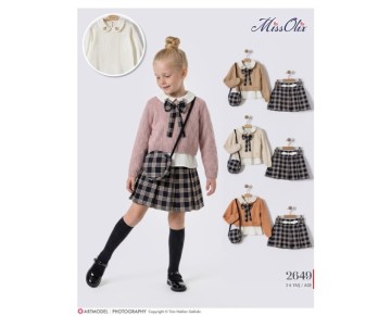 3/6 YAŞ-2649-yaka baskılı tunik-triko kazak-ekose etek