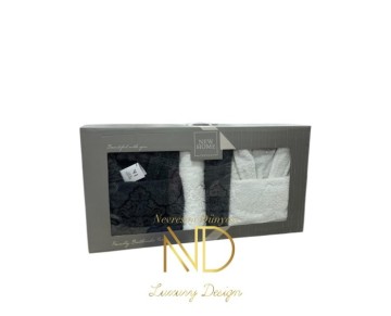 Nevresim Dünyası Jakarlı Bornoz Seti Antrasit Beyaz